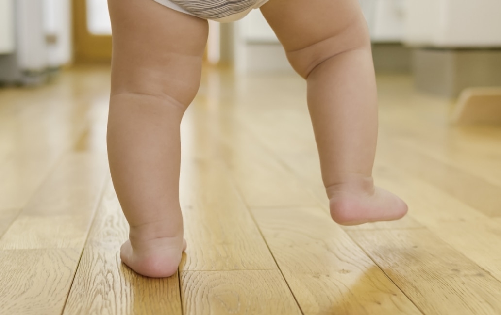 Baby feet walking on wooden floor