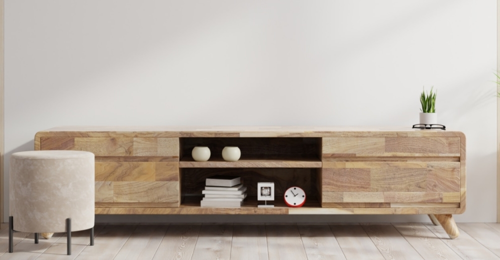 Living room with different wooden furniture