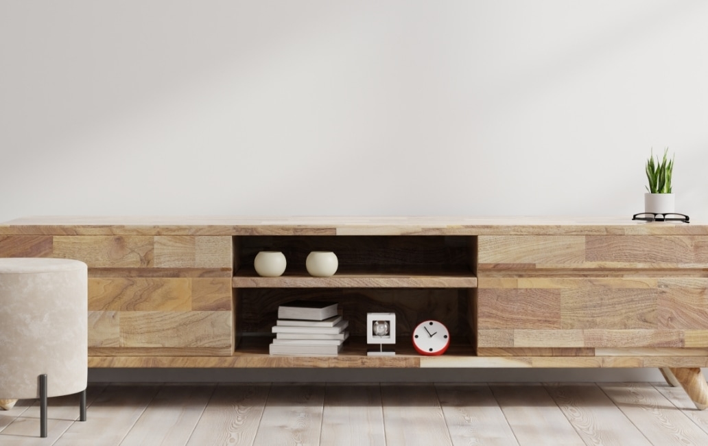 Living room with different wooden furniture