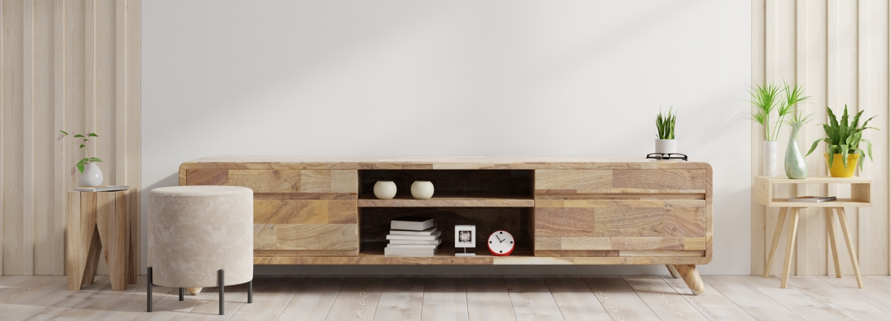 Living room with different wooden furniture