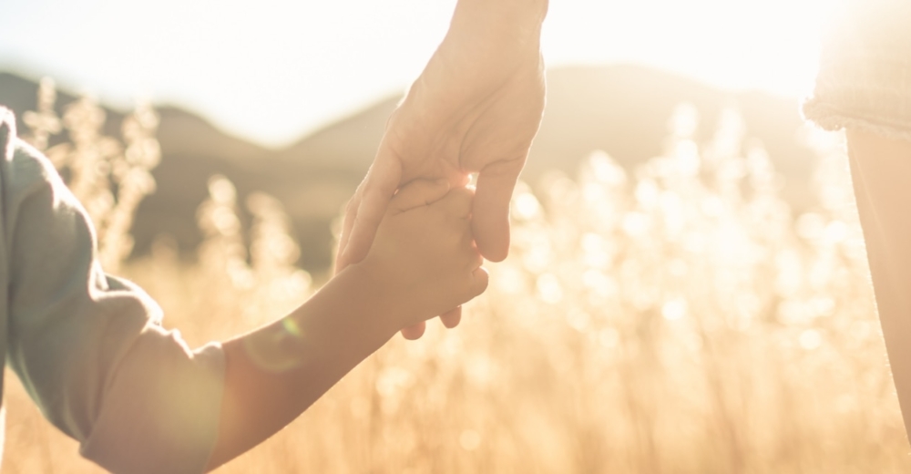 Person with infant in a field of weeds holding hands and the sun dazzles the scene.