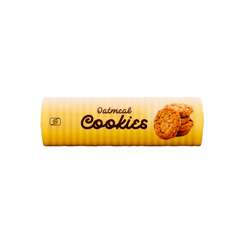 Oatmeal cookies wrapped in a flexible packaging sleeve.