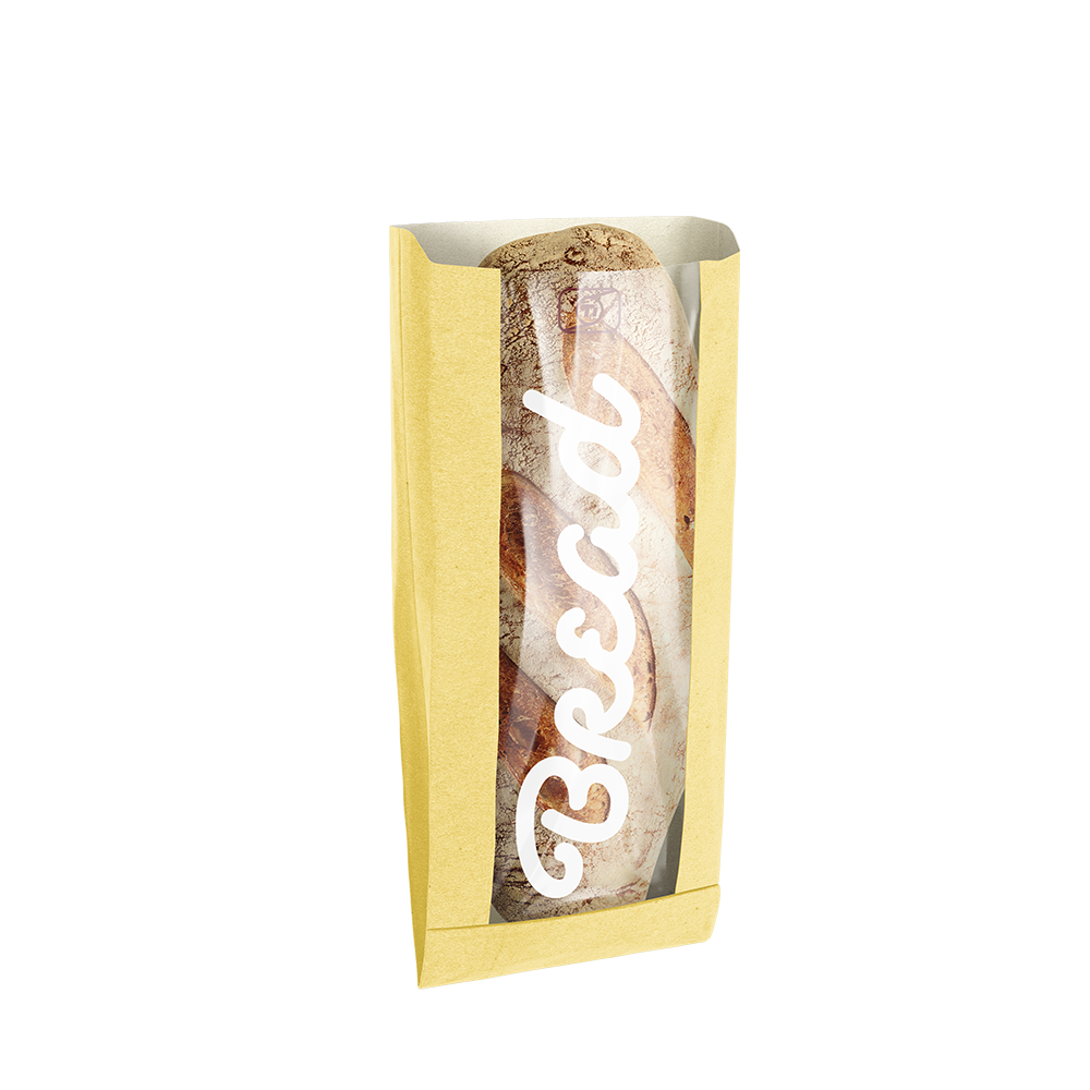 Loaf of bread in a packaging sleeve with a transparent window.