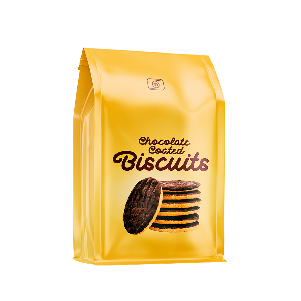 Chocolate coated biscuits wrapped in Ti's flexible packaging film in the form of a stand-up pouch.