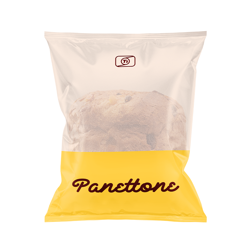 Panettone wrapped in Ti's flexible packaging film in the form of a semi-transparent bag.