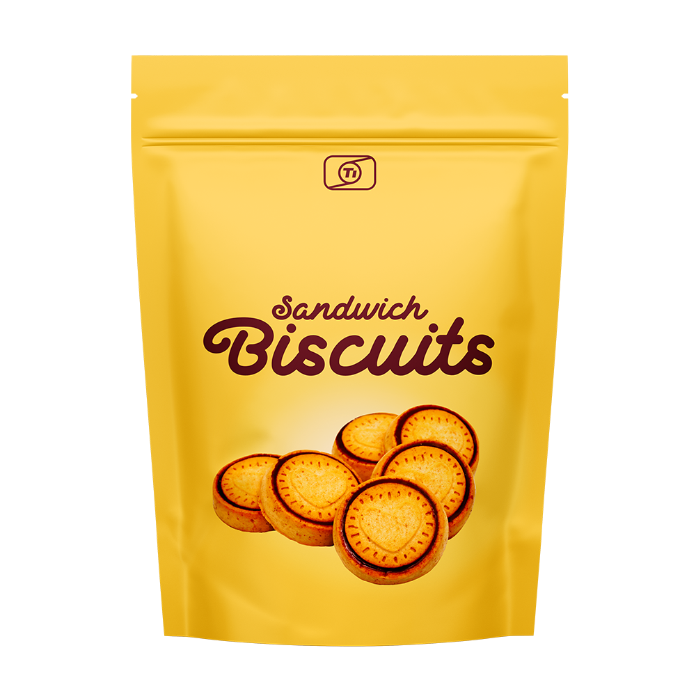 Sandwich biscuits wrapped in Ti's flexible packaging film in the form of a stand-up pouch.