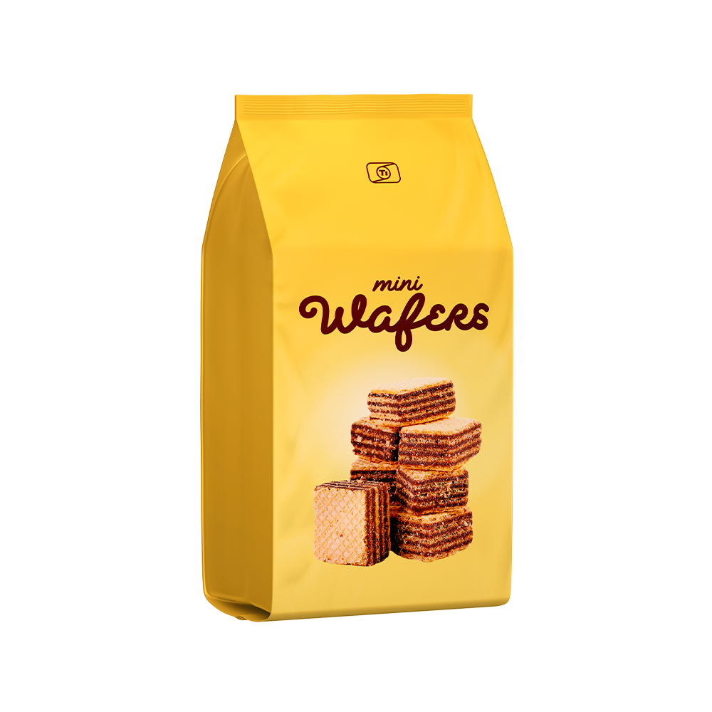 Mini wafers wrapped in Ti's flexible packaging film in the form of a stand-up pouch.