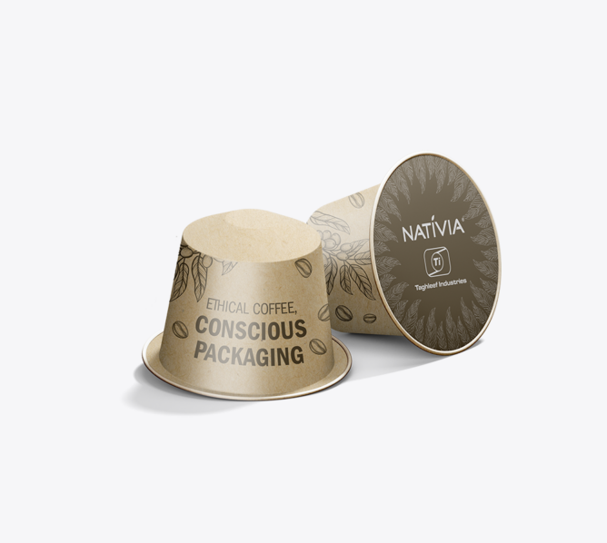 Two Nativia coffee pods that read "ethical coffee, conscious packaging".