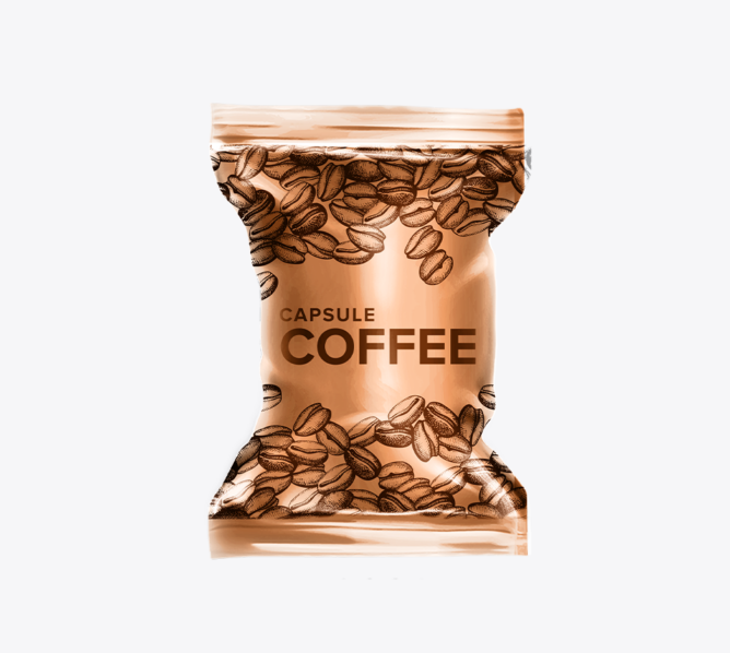 Individually wrapped coffee capsule.