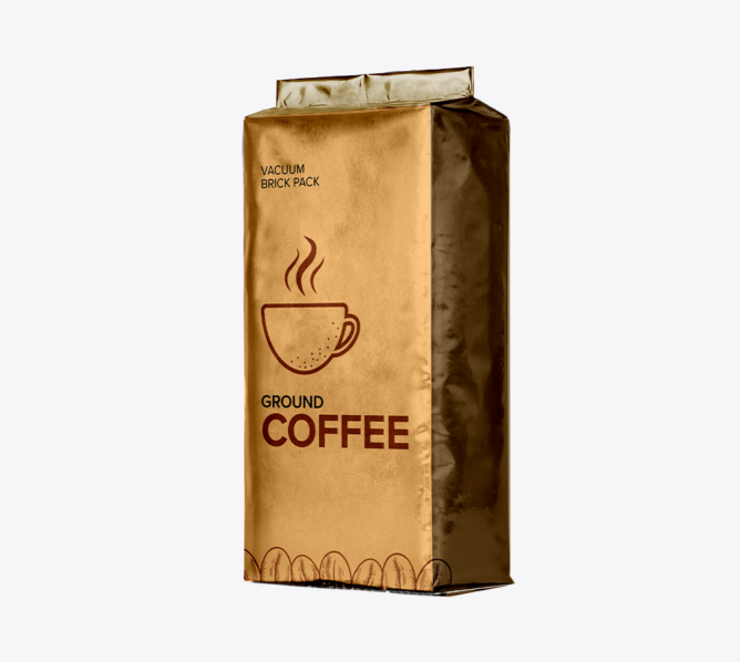 Vacuum brick pack of ground coffee.