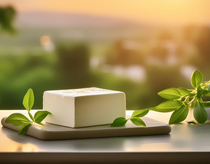 A block of soft cheese rests on a table, surrounded by vibrant green leaves, creating a serene and natural ambiance.