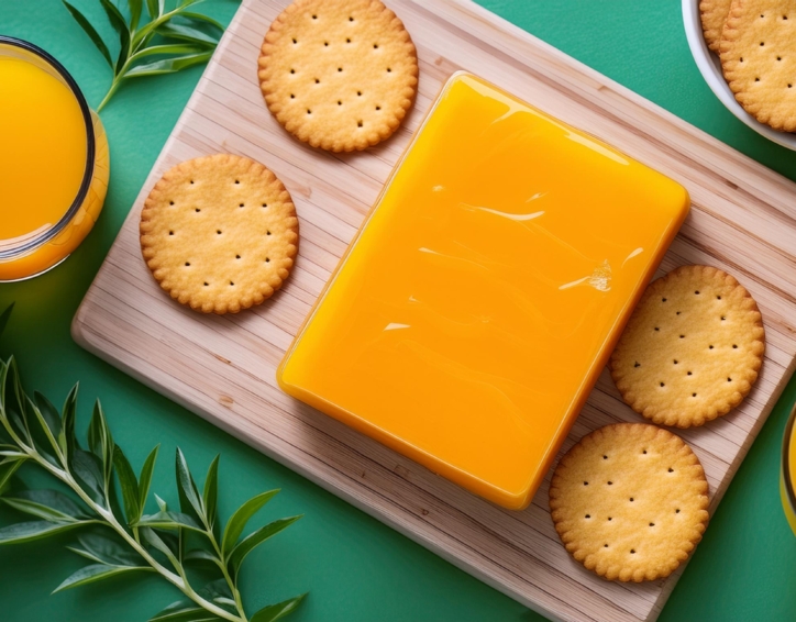 A vibrant display of orange cheese and crackers arranged on a bright green background, creating a visually appealing contrast.