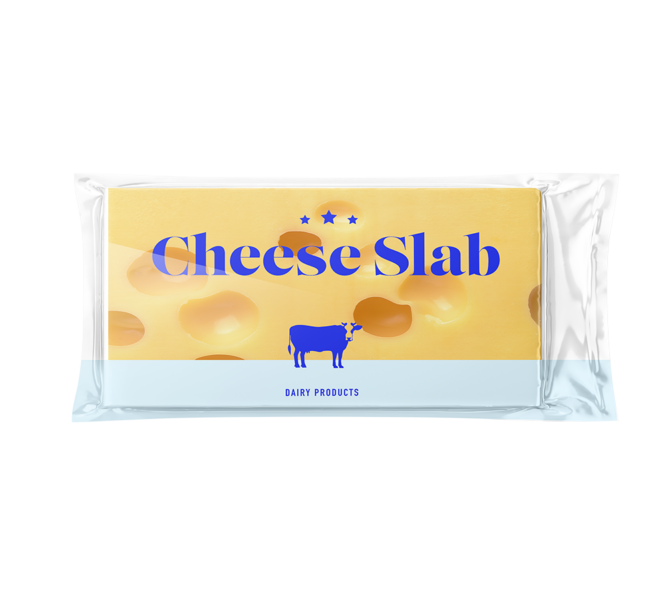 Cheese slab wrapped in flexible wrapping film.
