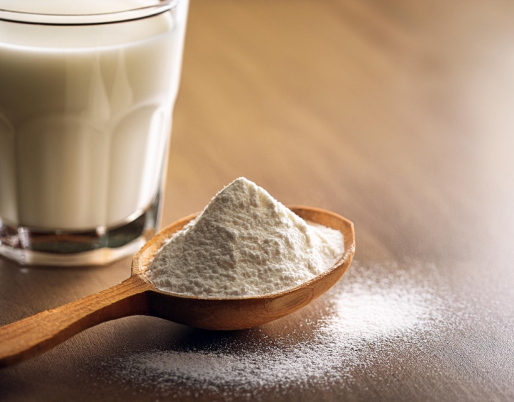 A clear glass of milk next to a spoonful of milk powder, highlighting a classic dairy beverage and its serving utensil.