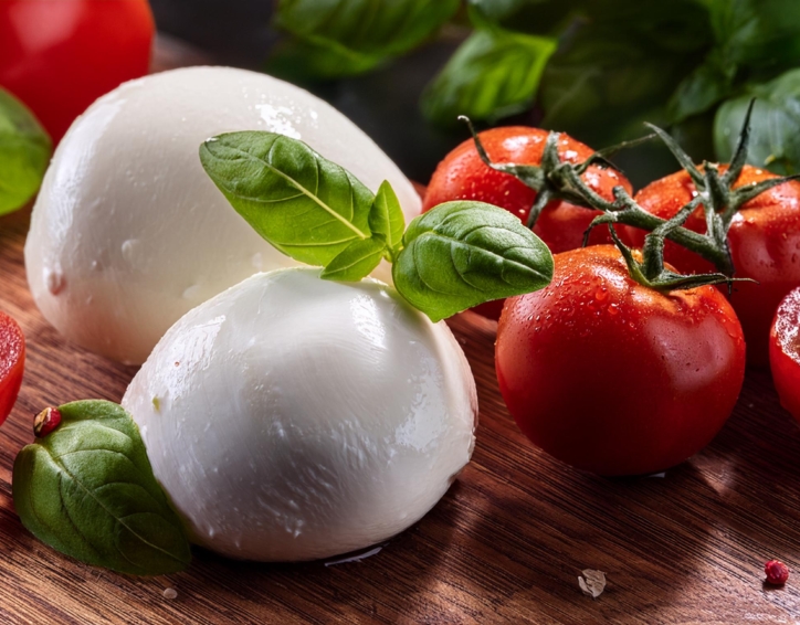 A plate featuring fresh tomatoes, mozzarella cheese, and vibrant basil leaves arranged artfully.