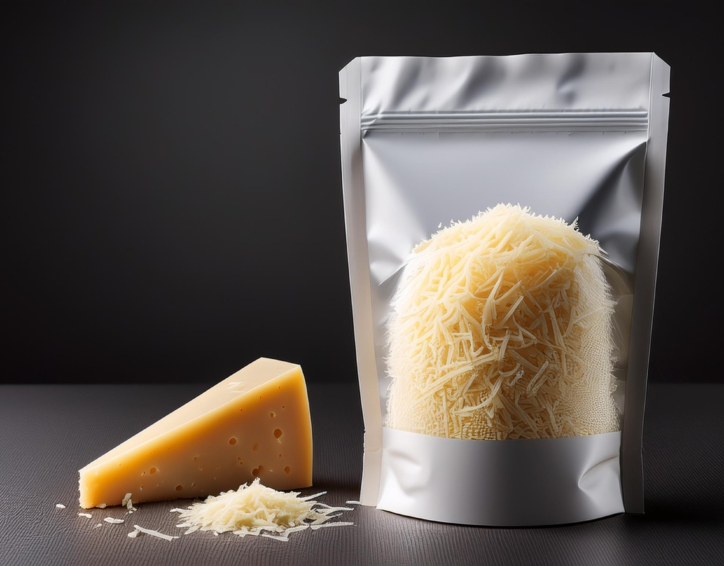 A wedge of cheese alongside a bag of shredded parmesan cheese in a standup transparent pouch.