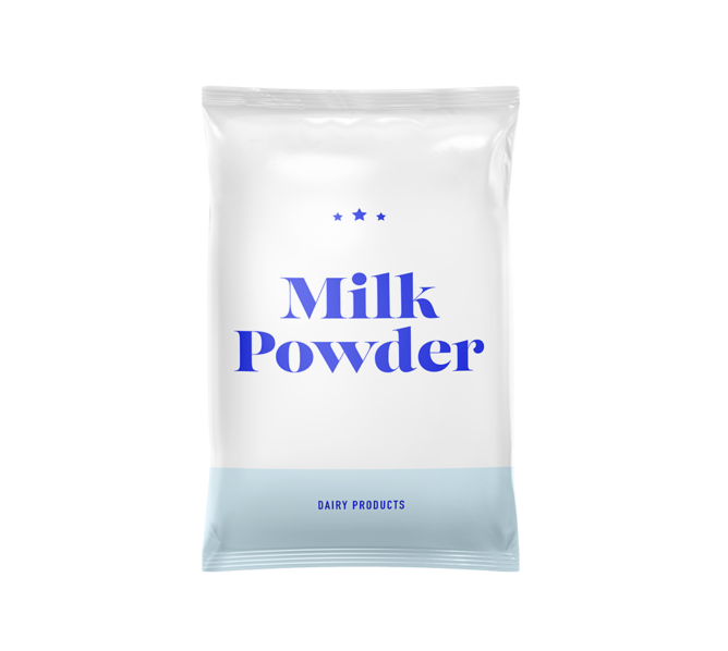 Milk powder wrapped in flexible wrapping film.