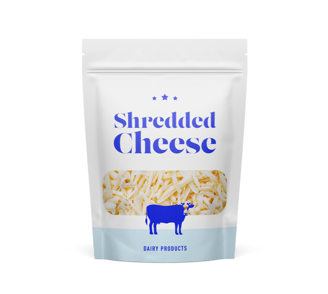 Standup pouch of shredded cheese.