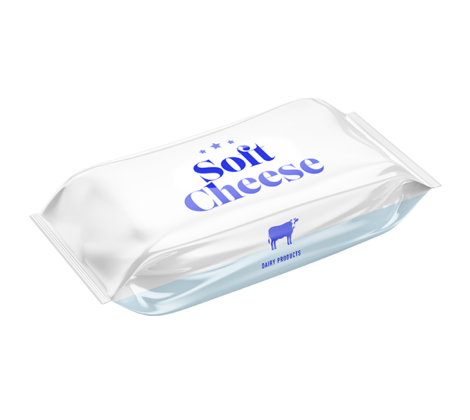 Soft cheese wrapped in flexible packaging film.