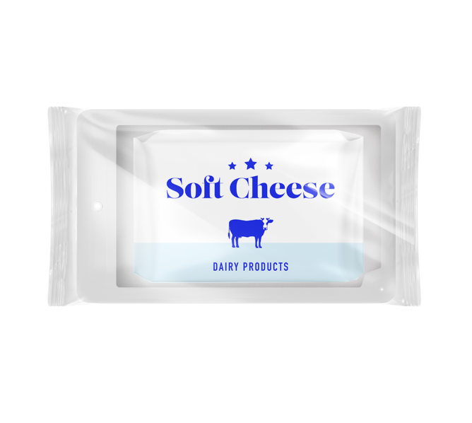 Soft cheese wrapped in flexible packaging film.