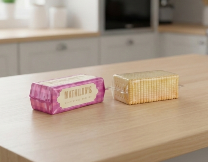 Two small wrapped butter portions sit side by side on a light wooden kitchen counter—one in pink branded packaging labeled “Mathilda’s” and one in clear wrap showing the butter—against a softly blurred, modern kitchen background.