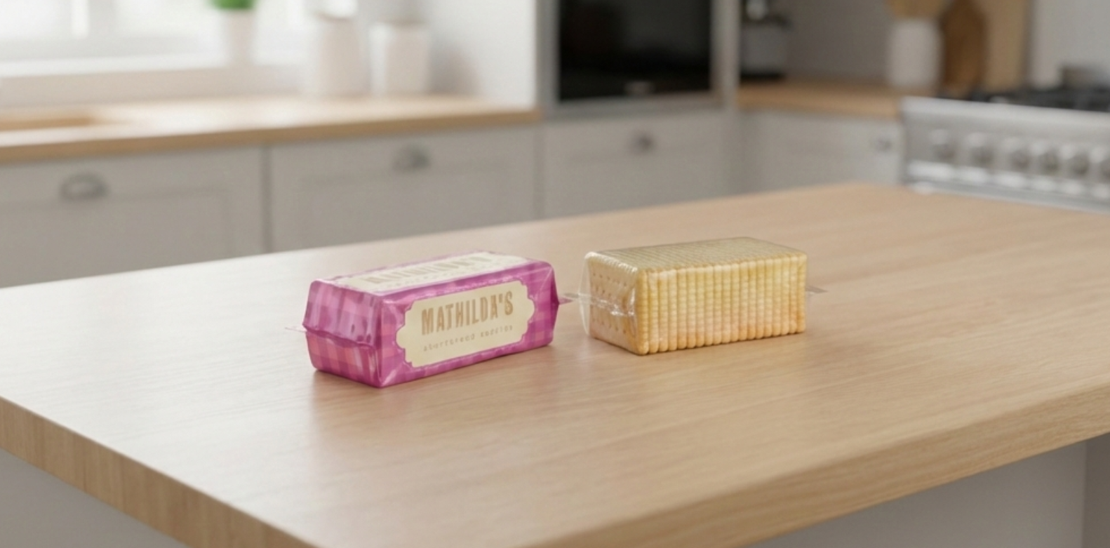 Two small wrapped butter portions sit side by side on a light wooden kitchen counter—one in pink branded packaging labeled “Mathilda’s” and one in clear wrap showing the butter—against a softly blurred, modern kitchen background.