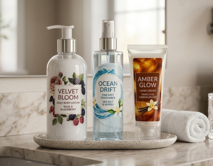 Personal care bottles with pressure sensitive labels on a bathroom countertop including lotion, fragrance mist, and hand cream