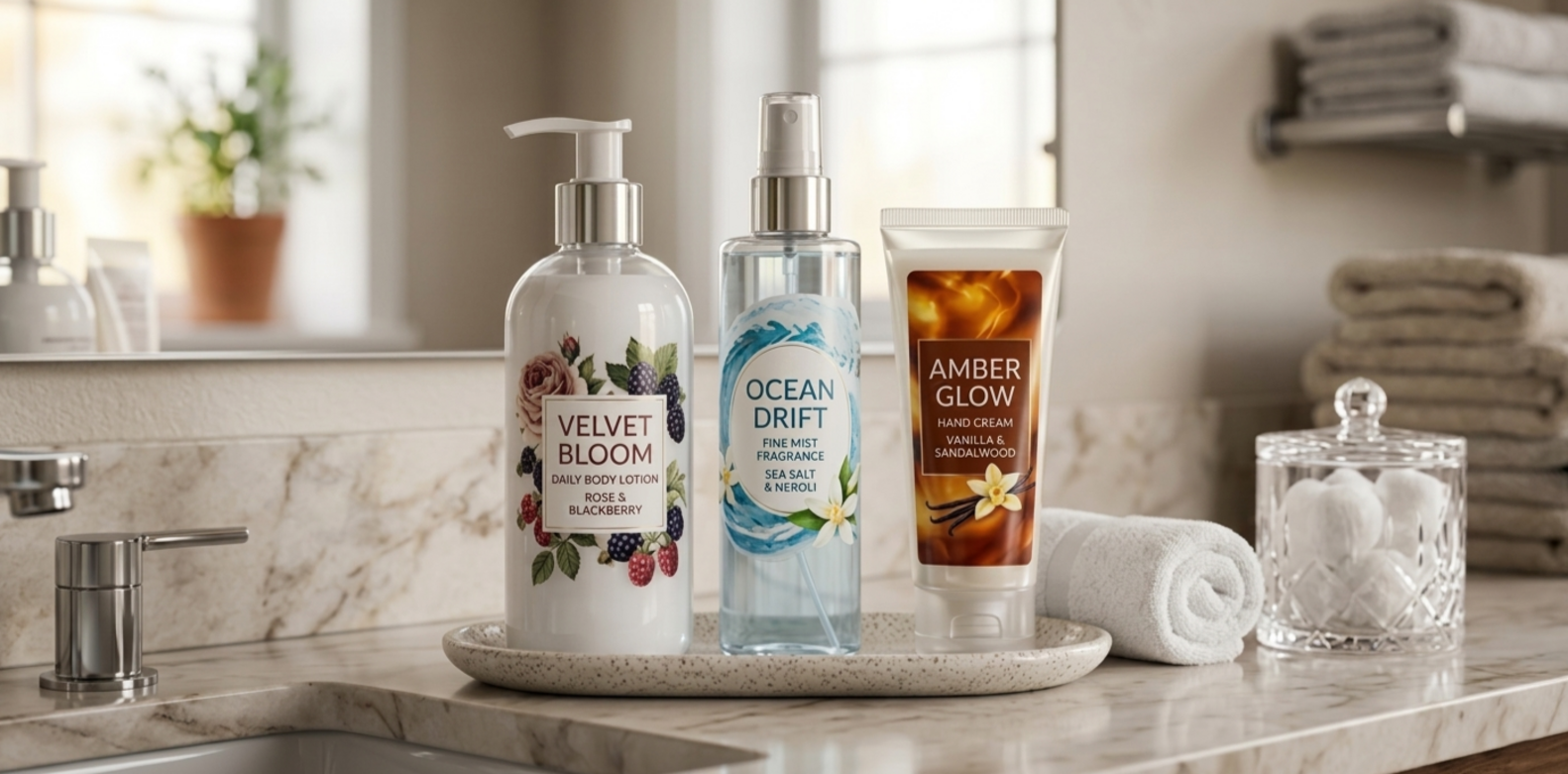 Personal care bottles with pressure sensitive labels on a bathroom countertop including lotion, fragrance mist, and hand cream