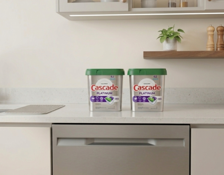 Cascade Platinum dishwasher detergent tubs on a modern kitchen countertop beside a sink and dishwasher