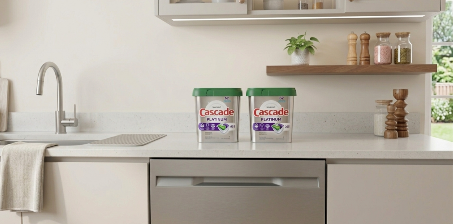 Cascade Platinum dishwasher detergent tubs on a modern kitchen countertop beside a sink and dishwasher