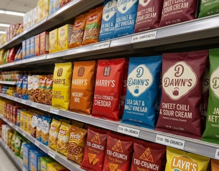 Premium potato chips packaging with matte finish flexible bags featuring bold branding and high barrier protection