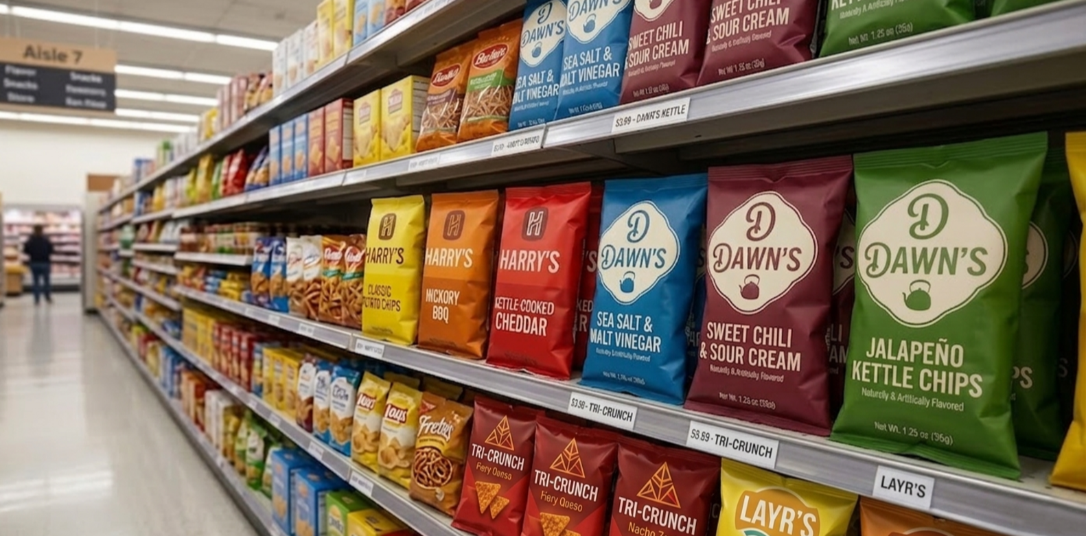 Premium potato chips packaging with matte finish flexible bags featuring bold branding and high barrier protection