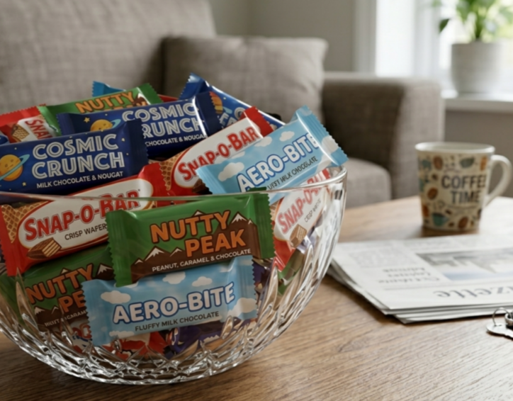 Fun-size chocolate bars in white opaque cold seal flexible packaging with bold branded wrappers