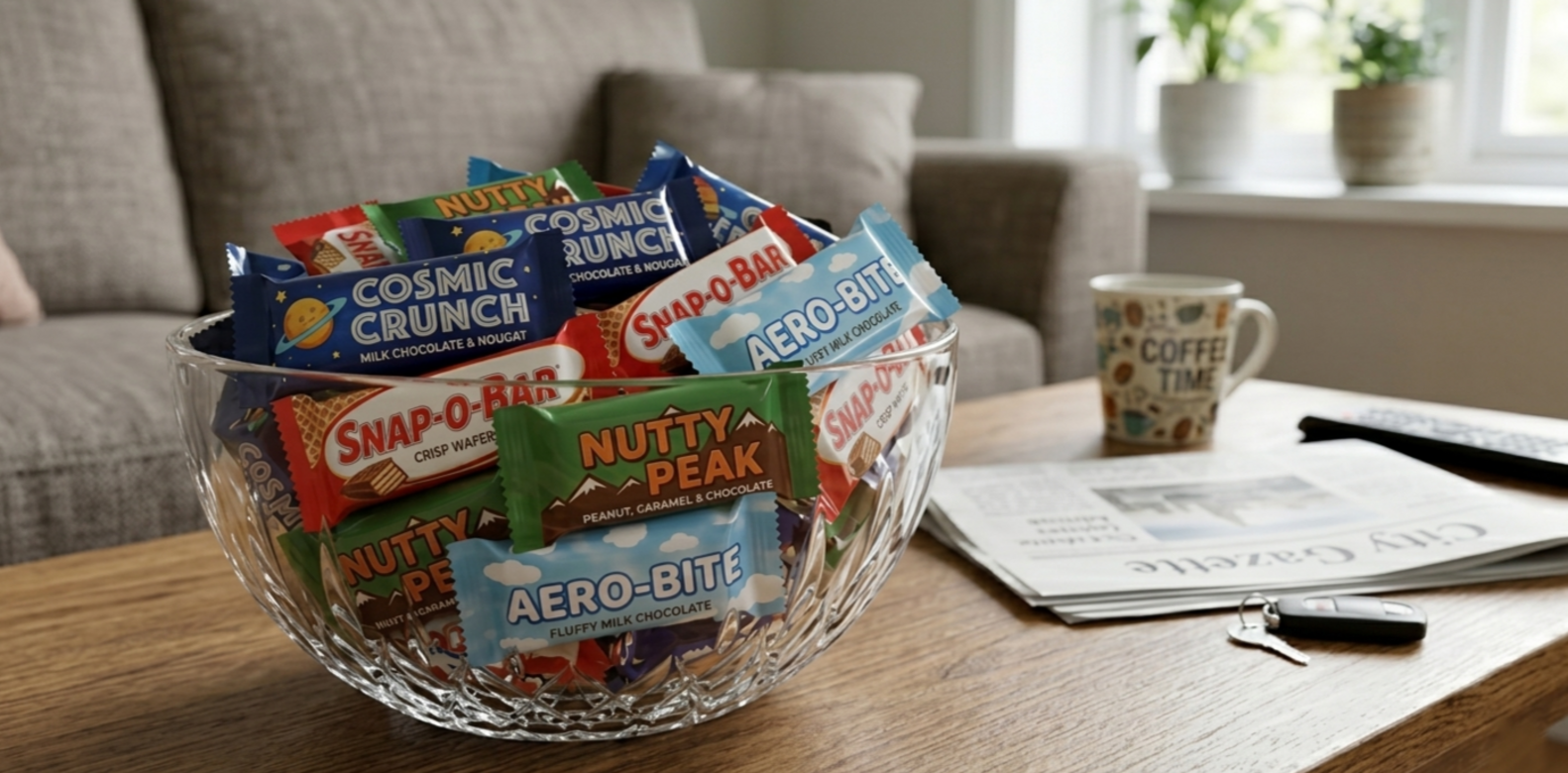 Fun-size chocolate bars in white opaque cold seal flexible packaging with bold branded wrappers