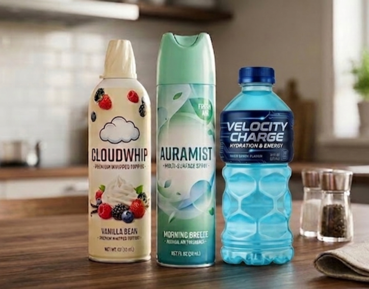 Assortment of beverage, home care, and food containers featuring low and medium shrink sleeve labels with full-wrap branding
