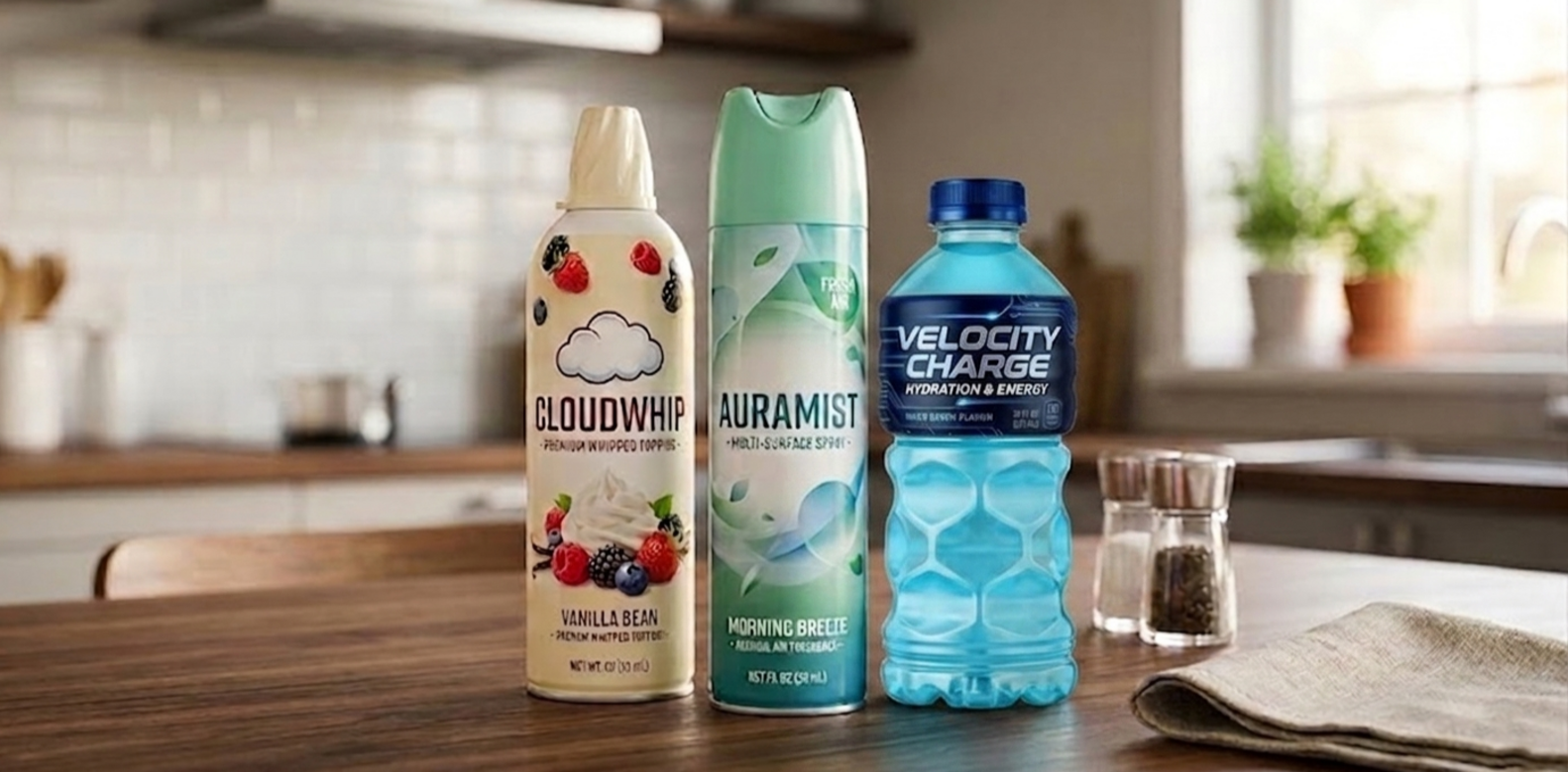 Assortment of beverage, home care, and food containers featuring low and medium shrink sleeve labels with full-wrap branding