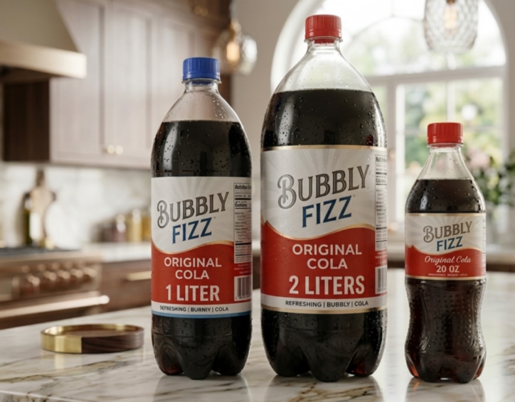Carbonated soft drink bottles with wrap-around labels in multiple sizes displayed on a kitchen countertop