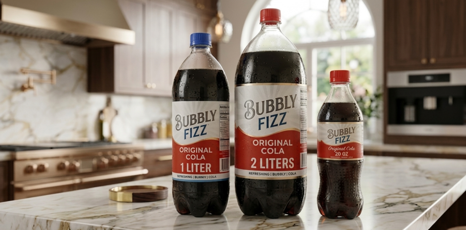 Carbonated soft drink bottles with wrap-around labels in multiple sizes displayed on a kitchen countertop